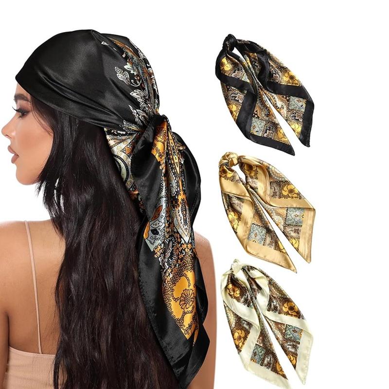 3-piece suit 35 Inches Large Printed Silk Like Texture Square Head Scarf Neck Scarves for Women Hair Kerchief Bandanas Scarf Sleeping Head Wraps Hair Band Headscarf Female Hair Accessories