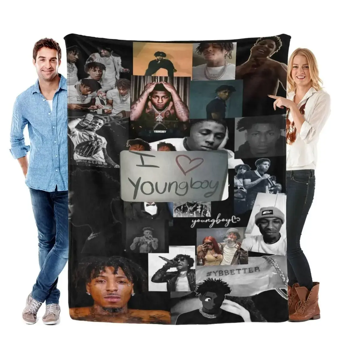 Young boy collage of Christmas gift felt blanket with black background and artist's portrait. Young boy text & YBBETTER brand soft holiday gift hip-hop fan