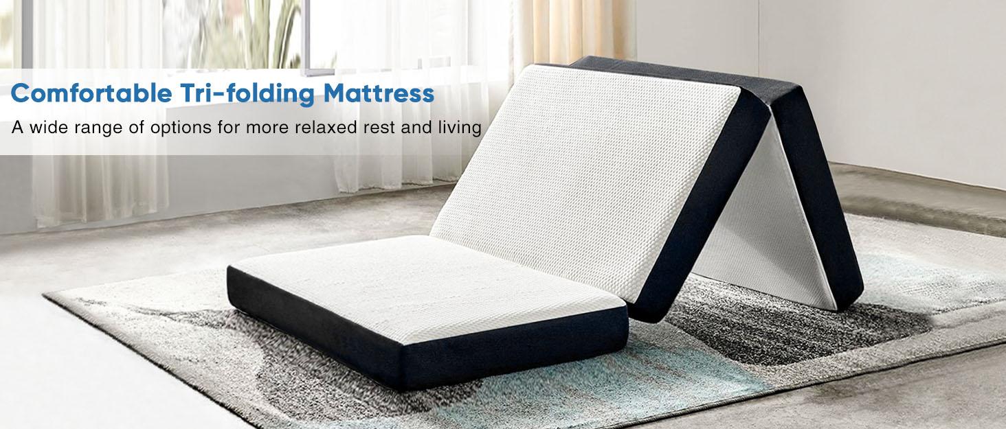 Folding Mattress, Tri-fold Memory Foam Mattress Topper for Camping, Foldable Mattress Topper with Washable Cover