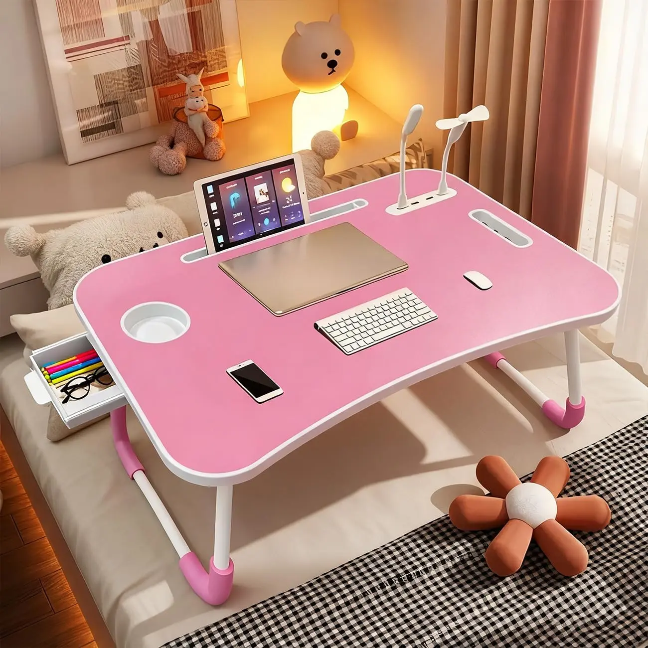 Foldable laptop desk bed tray - with 4 USB ports - portable and tiltable laptop table, wooden folding table, storage drawer and cup holder, essential for home office, ideal for working and reading on the sofa laptop bed desk