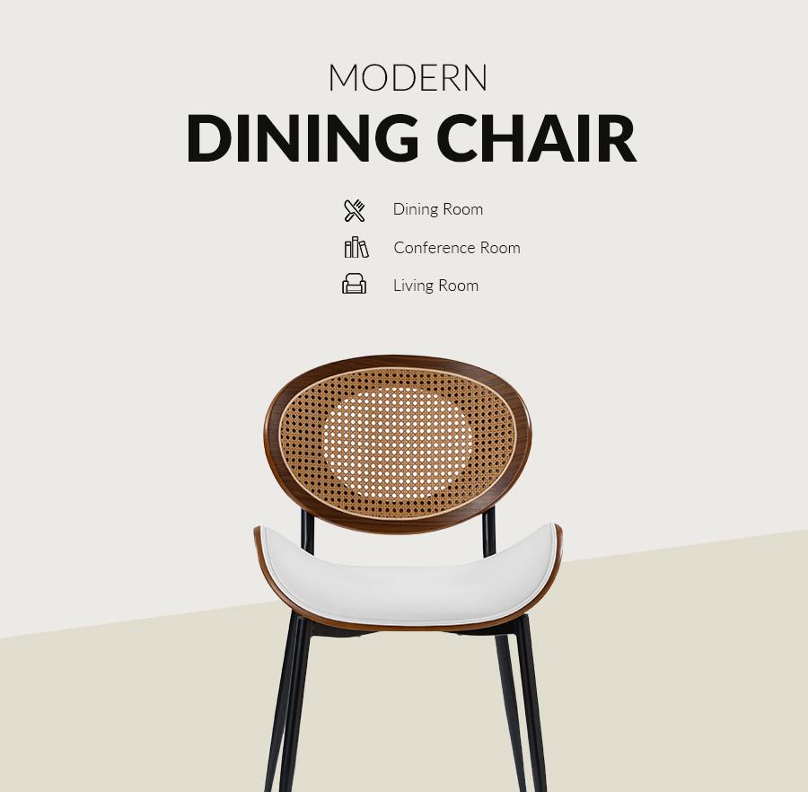 HULALA HOME Flora Modern Dining Chair with Curved Wood Backrest and Faux Leather Cushion, Rattan Woven Accent and Breathable Mesh Back, Ergonomic Wrap-Around Comfort, Upholstered Side Chair for Dining Room, Kitchen, Living Room