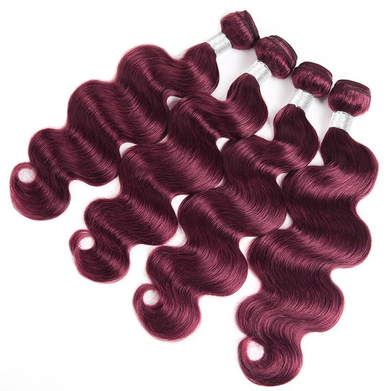 99J Body Wave Bundles Human Hair Sew In Bundles Burgundy Hair 1 3 4 Bundle Hair Extensions 4×4 Lace Closure Quick Wave Extensions