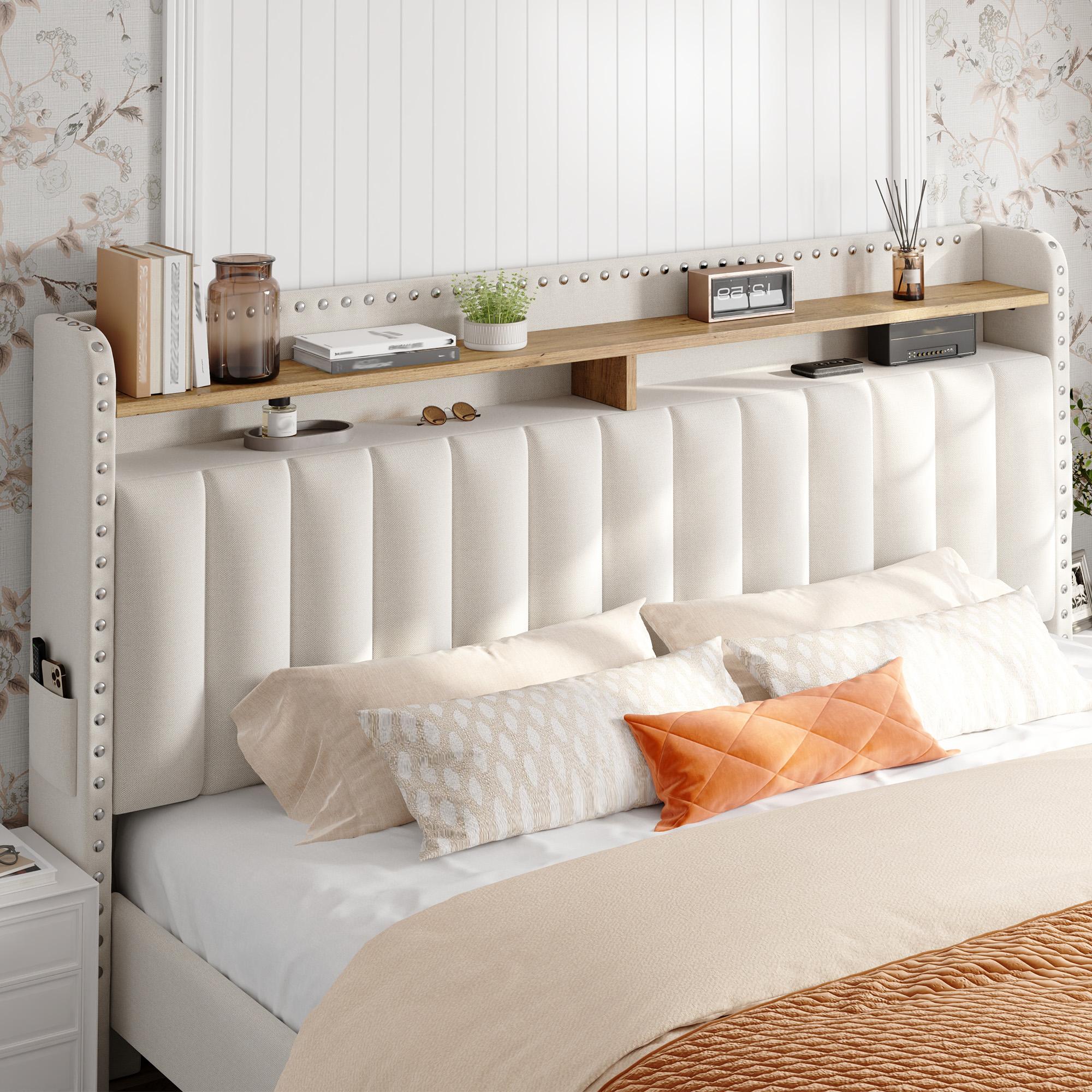 Bed Frame with Headboard and Storage, MATTRESS NOT INCLUDED OR OFFERED, Upholstered  Bed Frame with Storage, 2 Drawers,, NO Noise, No Box Spring Needed