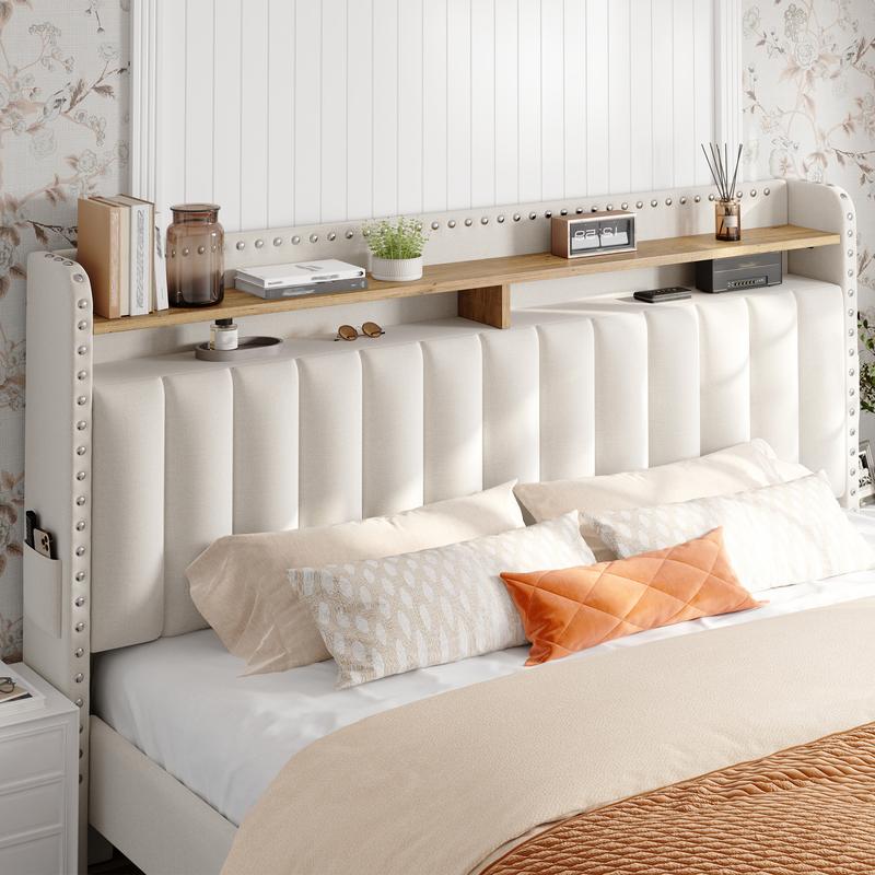 Bed Frame with Headboard and Storage, MATTRESS NOT INCLUDED OR OFFERED, Upholstered  Bed Frame with Storage, 2 Drawers,, NO Noise, No Box Spring Needed