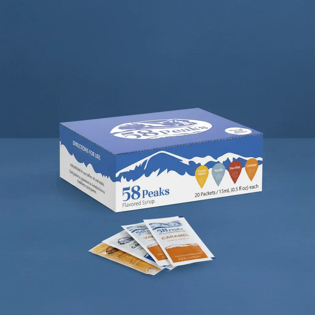 58Peaks Flavor Packets Variety Pack - 5 of each Vanilla, Caramel, Hazelnut, and French Vanilla 15mL TSA-Approved, Mess Free Flavor Packets
