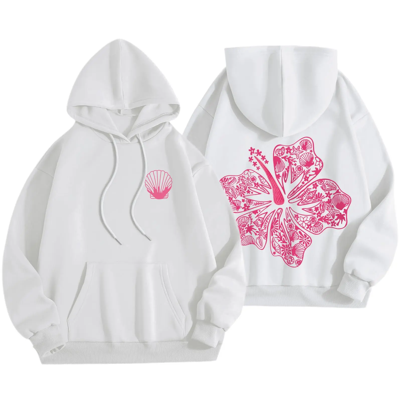 Womens Cute Pink Flower Hoodie Aesthetic Preppy Hawaiian Hibiscus Sweatshirt Casual Graphic Hoodies Pullover Tops