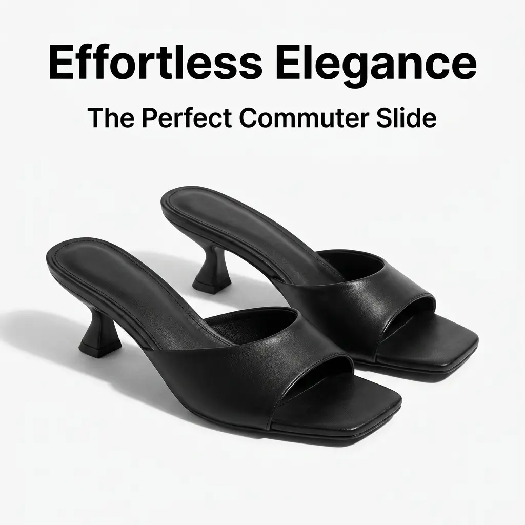 Women's Square Toe Mule Sandals - Low Flared Kitten Heel, Comfortable Slip-On, Plain Finish, Casual Office Footwear, Daily Fashion Footwear, Evening Wear Dressy Shoes