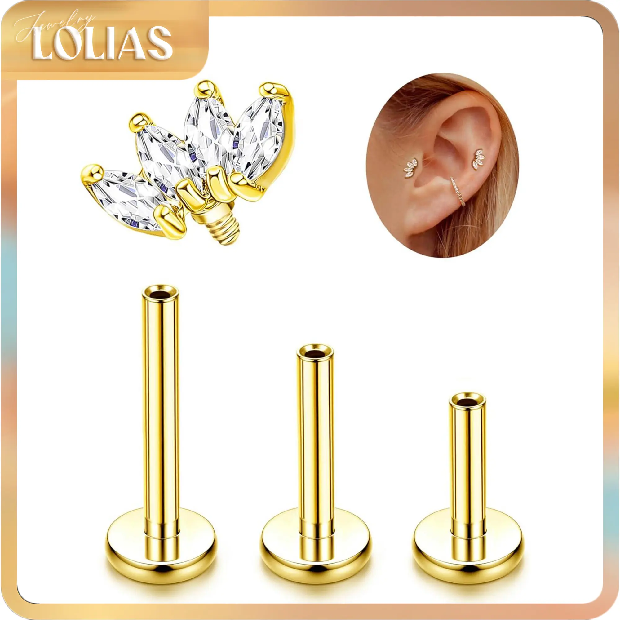 LOLIAS 16G G23 Titanium Flat Back Earrings for Women, Hypoallergenic Internally Threaded Gold Piercing Jewelry for Helix & Conch Piercings, Conch Piercing Ear, Titanium Earrings, Gauge Earrings