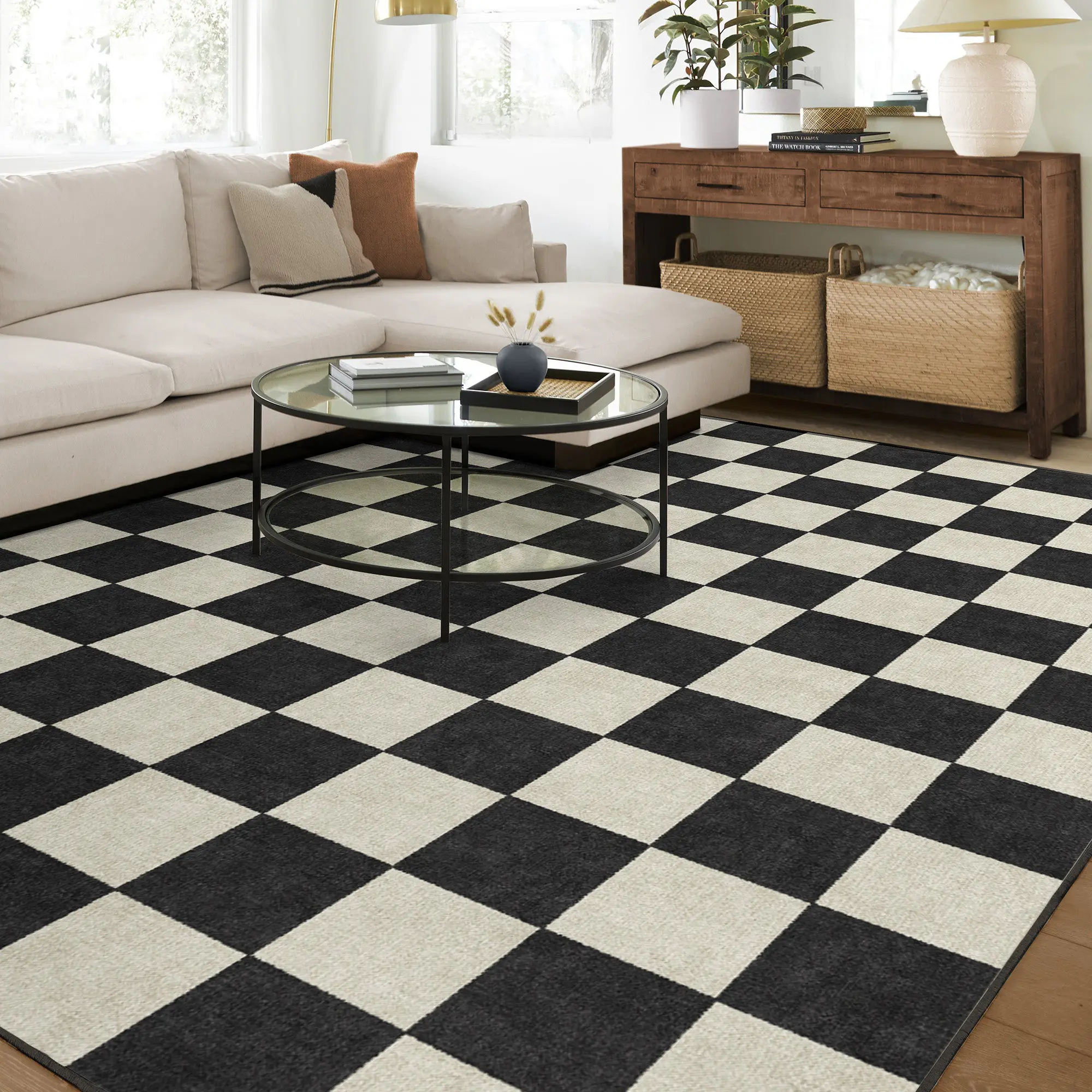 Modern Minimalist Chessboard Pattern Large Decorative Area Rug, Living Room Bedroom Carpet Mat, Foldable Non-Slip Plush Rug, Checkered Geometric Pattern Rug, Home Decor