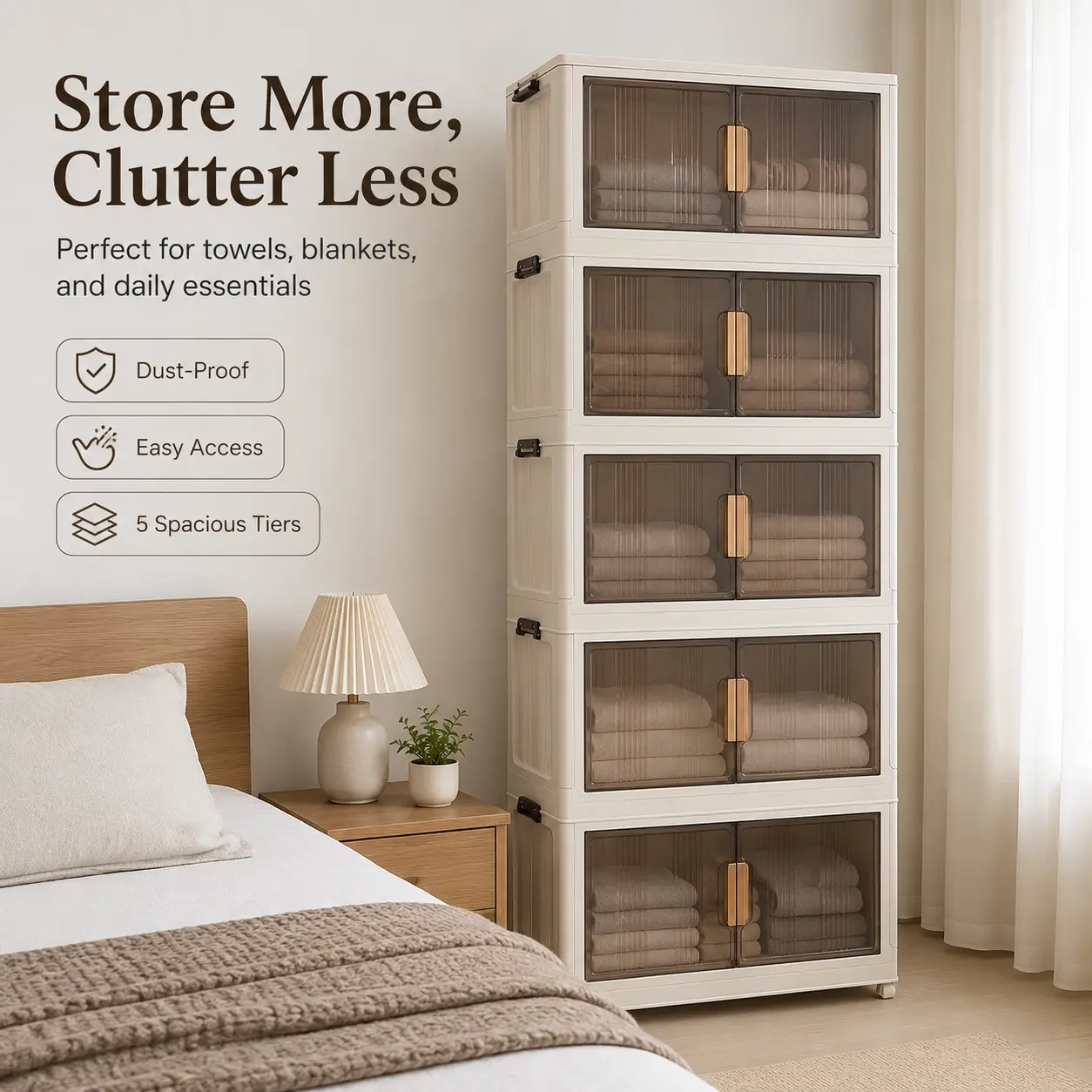 Naviconvex Modern 5-Level Rectangular Bedroom Linen Storage Cabinet - Single Unit Mobile Vertical Tower with Tinted Double Doors, Wheel Base for Blankets, Towels, Closet Organization