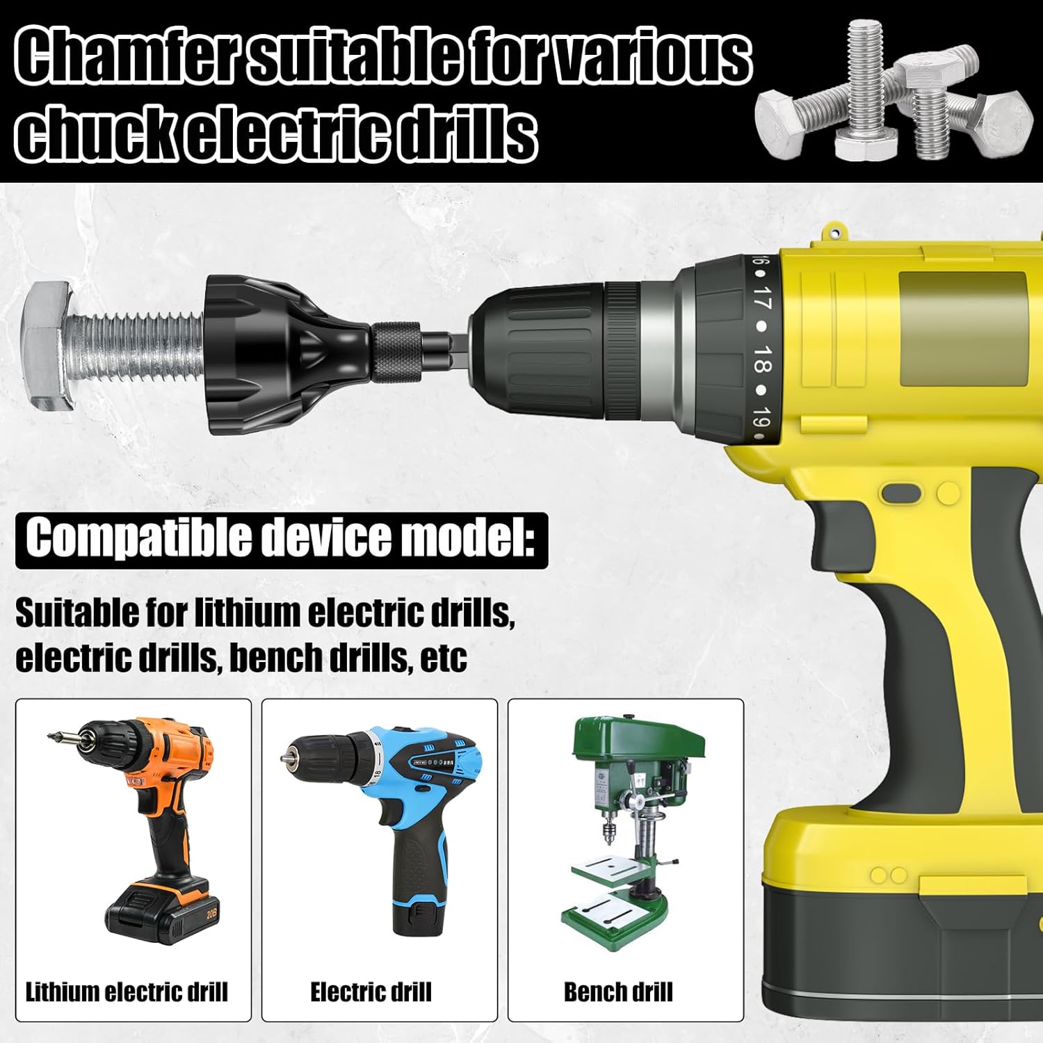Hex Deburring External Chamfer Tool Tungsten Carbide Drill Bit Attachment for Bolt Repair Deburring and Repairing Damaged Threads Range 3-20mm 1/4 Inch Hex Shank Suitable for Drill Drivers Hardware Tools