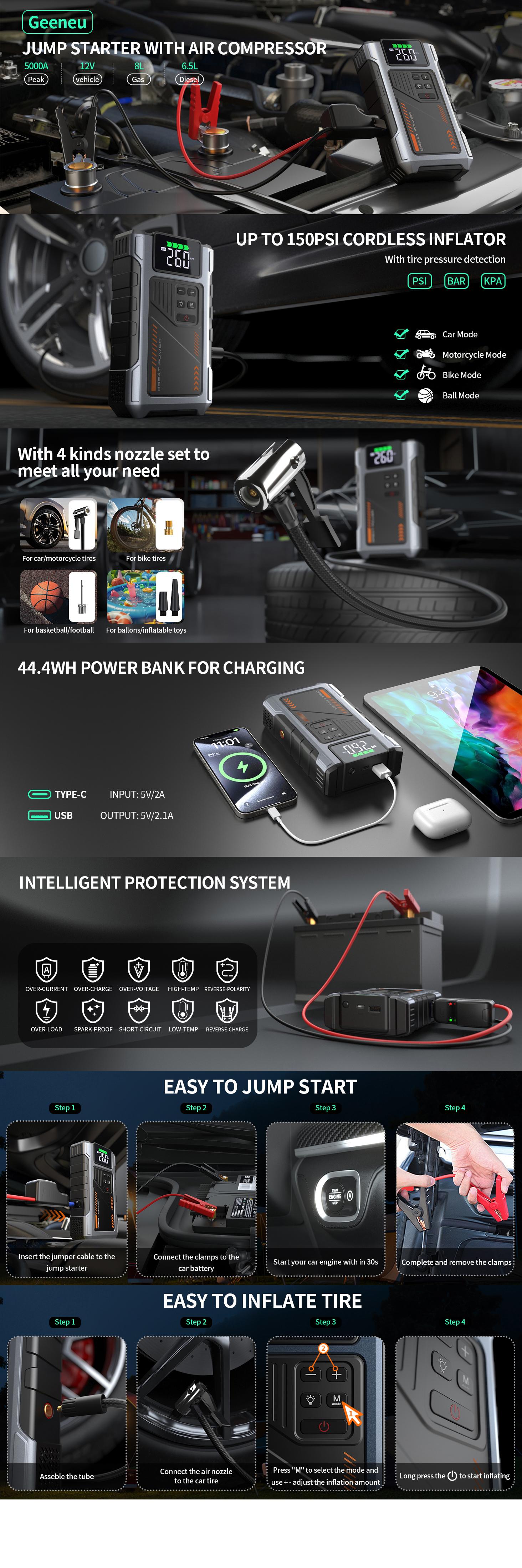 Portable Car Jump Starter With Air Compressor 5000A Peak (8.0L Gas, 6.5L Diesel) With 150 PSI Tire Inflator,15000mAh 12V Car Battery Jump Power With LED Light W100 portable jumpstarter batterycharger Portable Car Jump Starter With Air Compressor 5000A Peak (8.0L Gas, 6.5L Diesel) With 150 PSI Tire Inflator,15000mAh 12V Car Battery Jump Power With LED Light W100 portable jumpstarter batterycharger