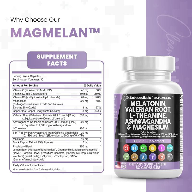 Clean Nutra Melatonin, Valerian Root, L-Theanine, Ashwagandha, Magnesium Complex, Lemon Balm & More for Women and Men Sleep Aid & Support Capsules - MagMelan