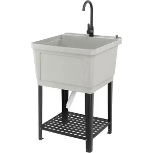 ROVSUN Plastic Utility Sink, Freestanding Sink with Hot&Cold Faucet, Soap Dispenser, Drain Plug and Iron Legs with Storage shelf, Perfect for Basement, Laundry Room, Garage (Grey)