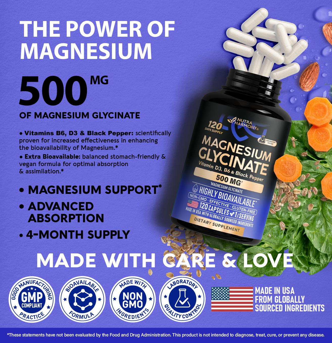 Magnesium Glycinate Supplement w/Vitamin D3 & B6, Made in USA, Vegan & Non-GMO, Chelated, 98% Absorption, Support for Sleep, Muscle & Heart Health