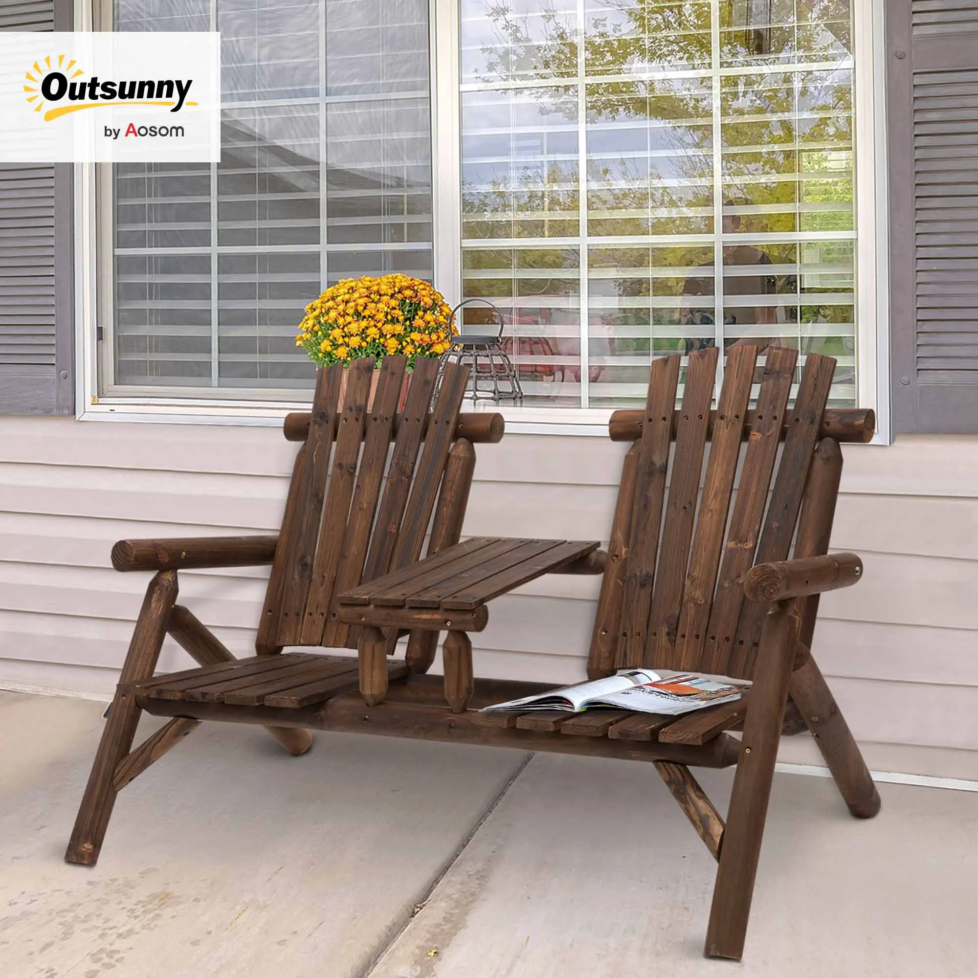 #Summervibes Outsunny 2-Person Wooden Garden Bench, Outdoor Wagon Wheel Porch Bench for Backyard Garden, Rustic Country Style Patio Furniture,home decor,camping essentials
