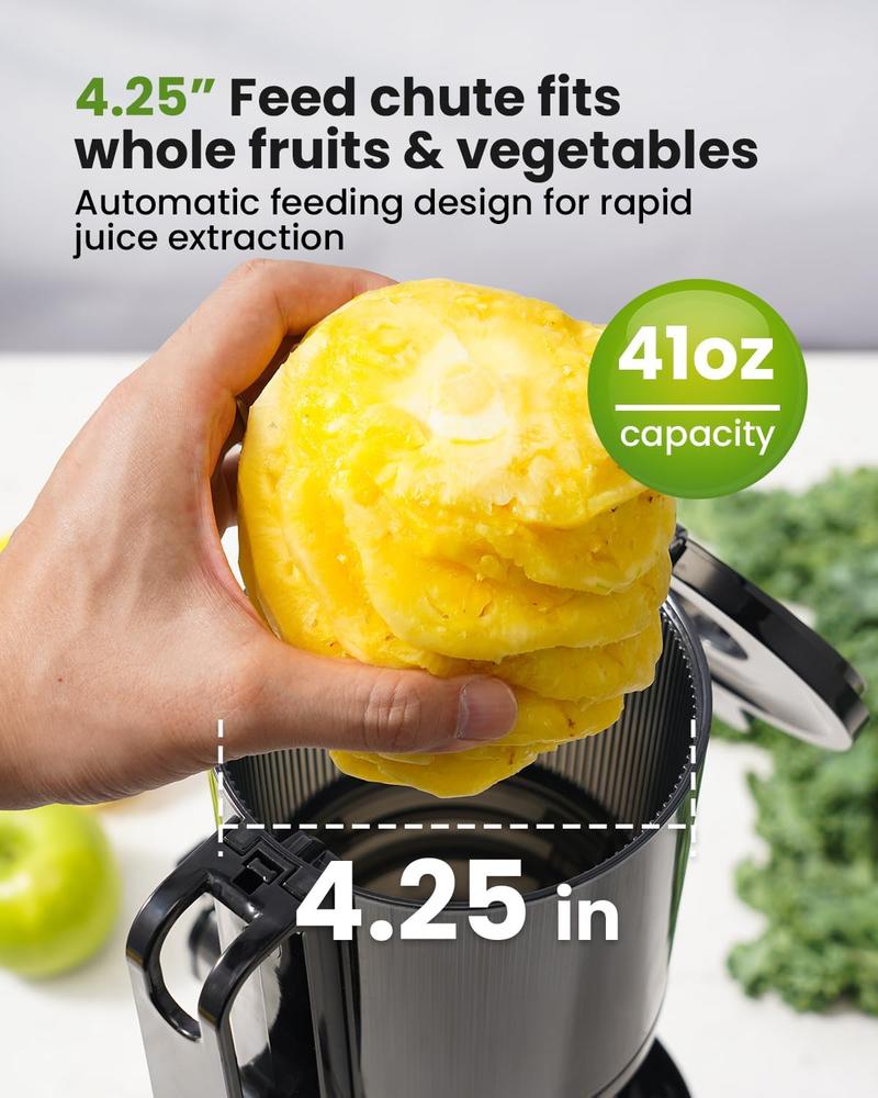 GDOR Cold Press Juicer with 5.3" Wide Feed Chute 150NM Powerful Motor Slow Masticating Extractor High Juice Yield Easy to Clean Fits Whole Fruits & Vegetables Black