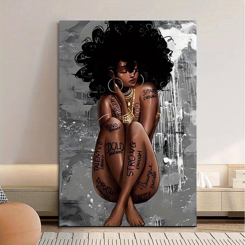1 piece unique wood-framed canvas poster, Black Queen Poster African American Wall Art Black Girl Canvas Painting Black Woman Wall living Room decorative painting