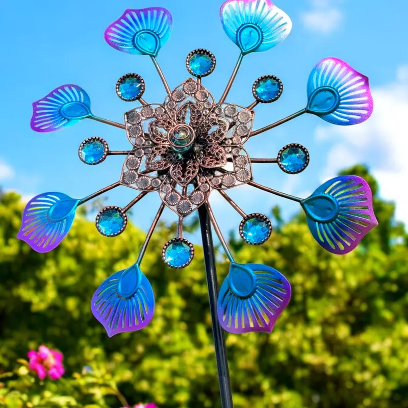 Kinetic Peacock Tail Colorful Metal Wind Spinner Garden Stake - Floral Windmill, Rotating Outdoor Decor for Patio, Lawn, Garden Sculpture Gift