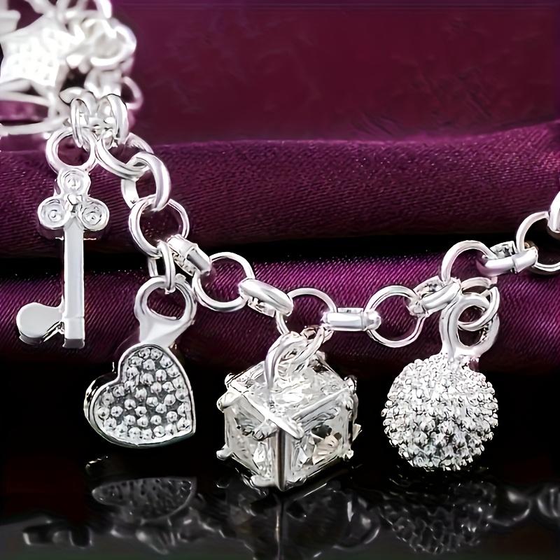 "1pc Elegant 925 Sterling Silvery Heart Key Pendant Bracelet, Women's Bracelet, 13 Small Pendants, Bohemian Style, Shiny and Exquisite Silvery, Women's Fashion Jewelry Accessories, Suitable for Wife, Girlfriend, Fashion Gift, Birthday Gift  " bangle
