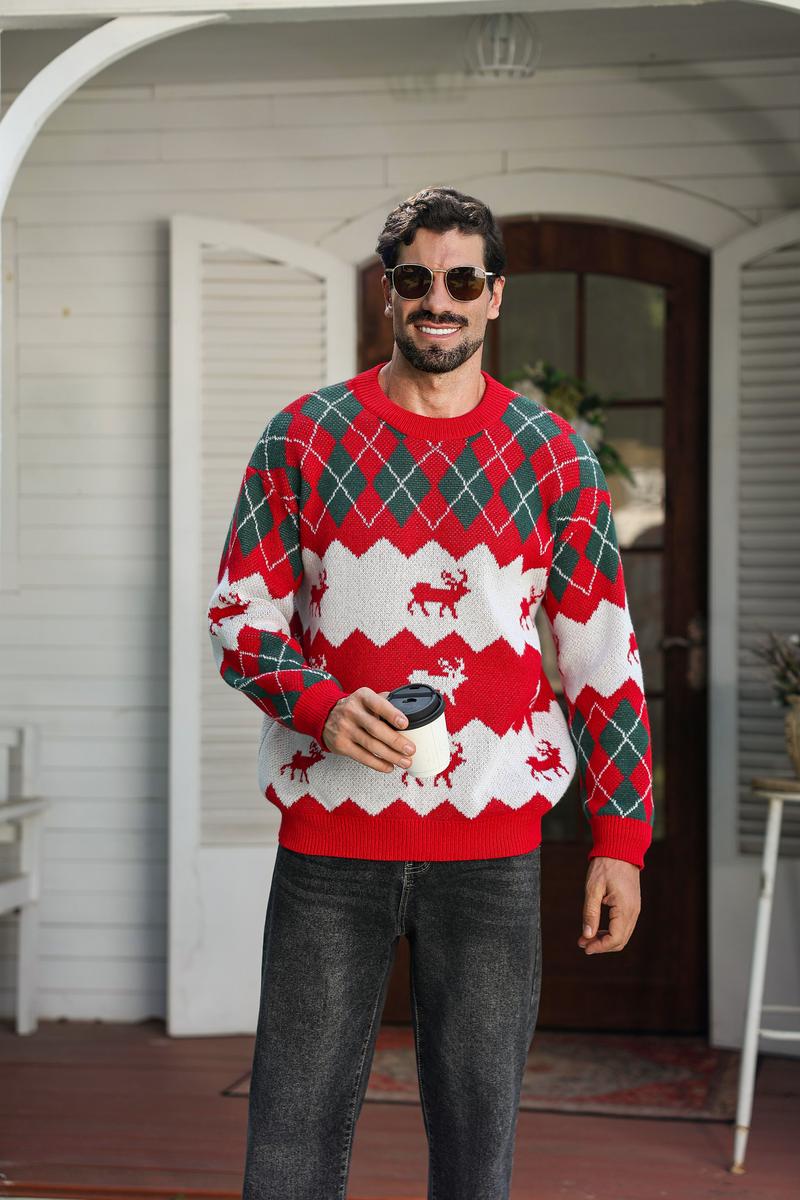 HYPESTFIT Unisex Christmas Elk Pattern Knit Sweater Fitted Crewneck Long Sleeve Pullover for Couples Festive Winter Outfit Cozy Knitwear Medium
