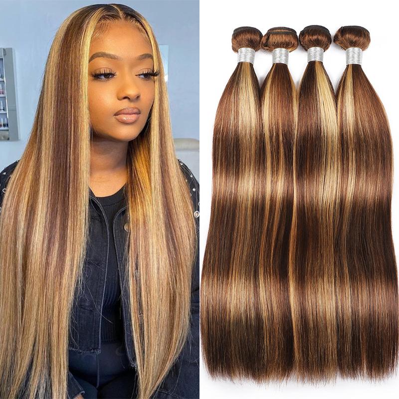 Honey Blonde Highlight Bundles Bone Straight Human Hair Bundles P4/27 Quick Weave Colored Hair 1 3 4 Bundle Ombre Brown Hair Bundles