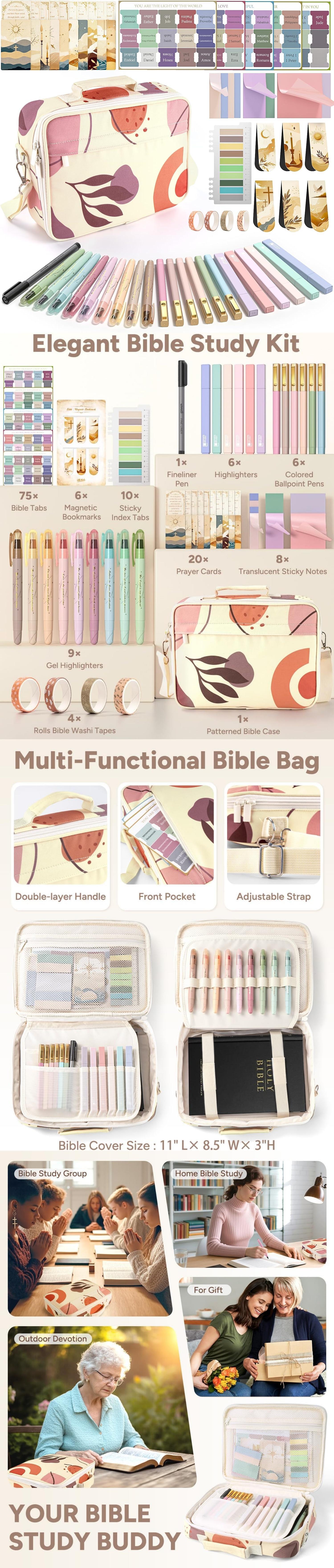 WEMATE 76 PCS Bible Study Supplies Kit with Bible Case - 15 No Bleed Highlighters & Pens, Washi Tape, Transparent Sticky Notes, Prayer Cards Journaling Set Gift for Women, Fun Creative Gift for Home Office School Business Learning Materials Sketch Books