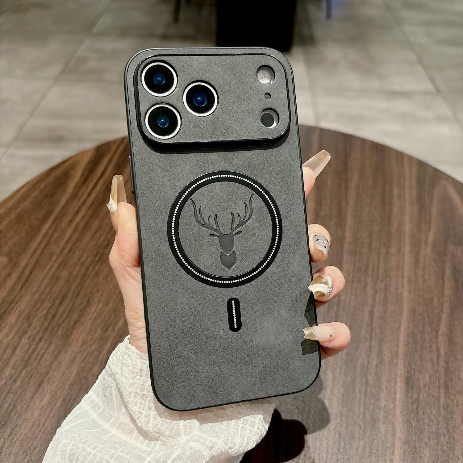 Case for iPhone 17 Pro Max 16 15 14 13 12 11, Compatible with Magsafe, Magnetic PU Leather Deer Pattern, Non-Slip Frame, Camera Protection, Soft TPU Shock Absorption Military Grade Drop Shockproof Cover