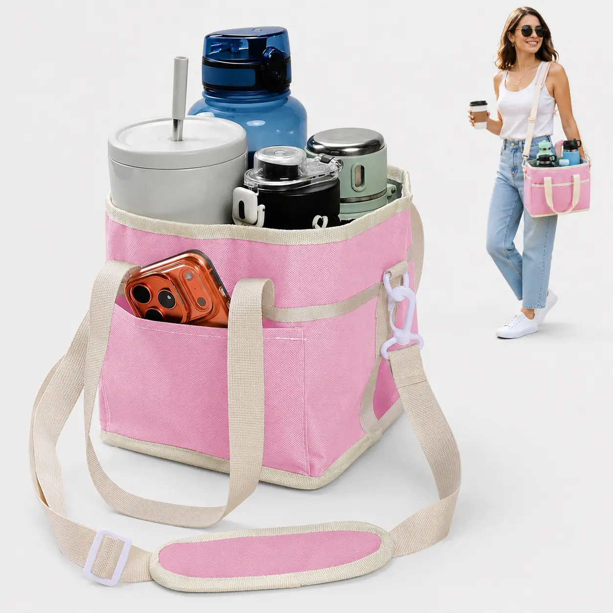 4-Slot Drink Carrier Bag, Drink Caddy Drink Holder with Adjustable Shoulder Strap, Foldable Water Bottle Holder for Car, Picnic, Walking, Travel