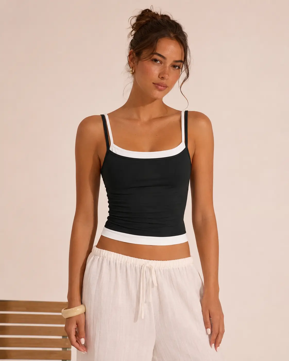 Women's Comfortable Contrast Binding Crop Cami - Adjustable Straps, Ruched Sleeveless, Square Neck, Medium Stretch Slim-Fitting Polyester Blend Tank for Everyday Casual Wear