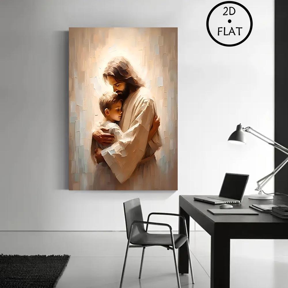 Christian Wall Art Jesus with Boy Shepherd Art 2D Flat Framed Canvas Print Waterproof Silver Wall Art for Gifts and Decor