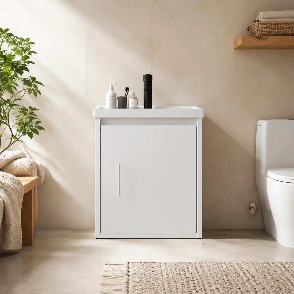 Littleox 20" Floating Bathroom Vanity Combo, Wall Mounted Solid Plywood Cabinet with Ceramic Sink & Soft-Close Doors for Small Bathrooms, White