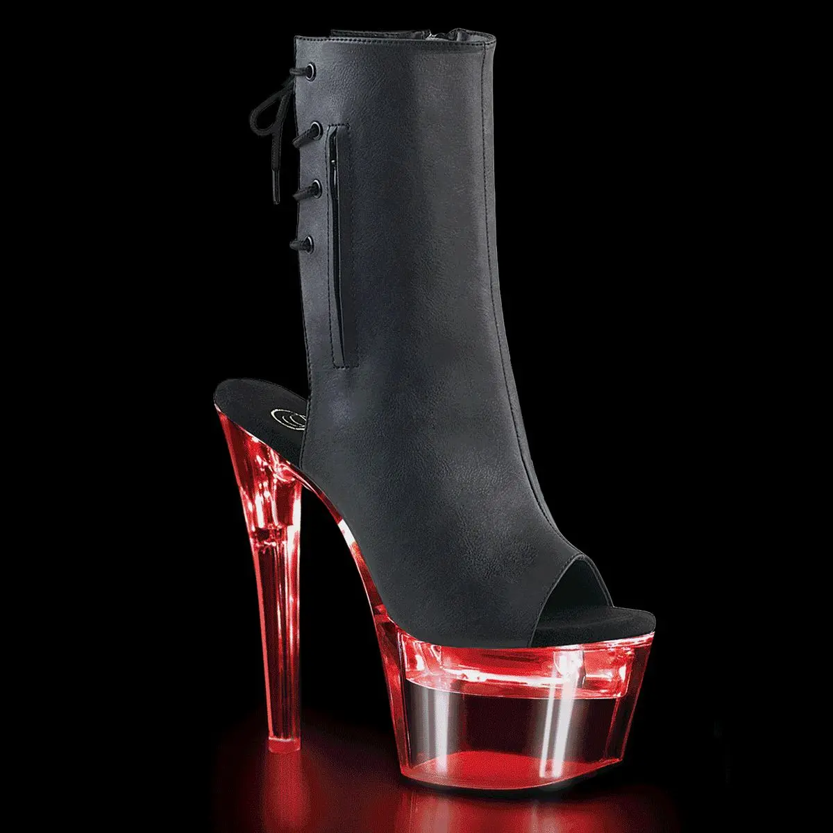 Pleaser Flashdance-1018-7 Women's High Heel Platform Ankle Boot, Black Vegan Leather/Clear, LED Illuminated Party Stage Evening All-Seasons Footwear
