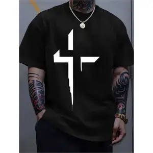 Men's Casual Black Cotton T-Shirt with Bold White Cross Print, Crew Neck, Slight Stretch, Regular Fit, Knit Fabric, 100%25 Cotton, Summer Casual Attire for Men baggy  shirt