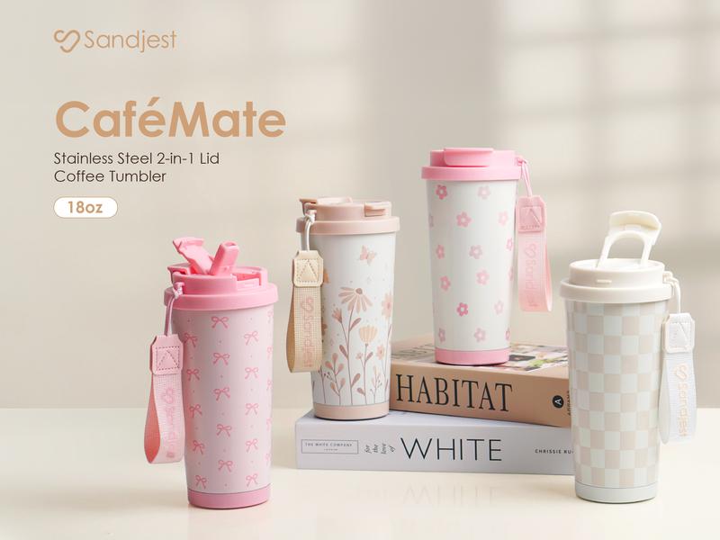 Sandjest 18oz Insulated Iced & Hot Coffee Tumbler with 2-in-1-Lid, Leak Proof Portable Car-Friendly Cup Ideal for Office Outdoor Travel Valentine Gift