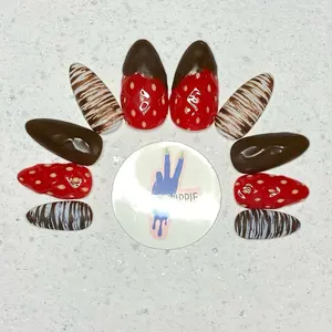 Drippy Hippie luxury acrylic press on nails; almond chocolate covered strawberries with texture