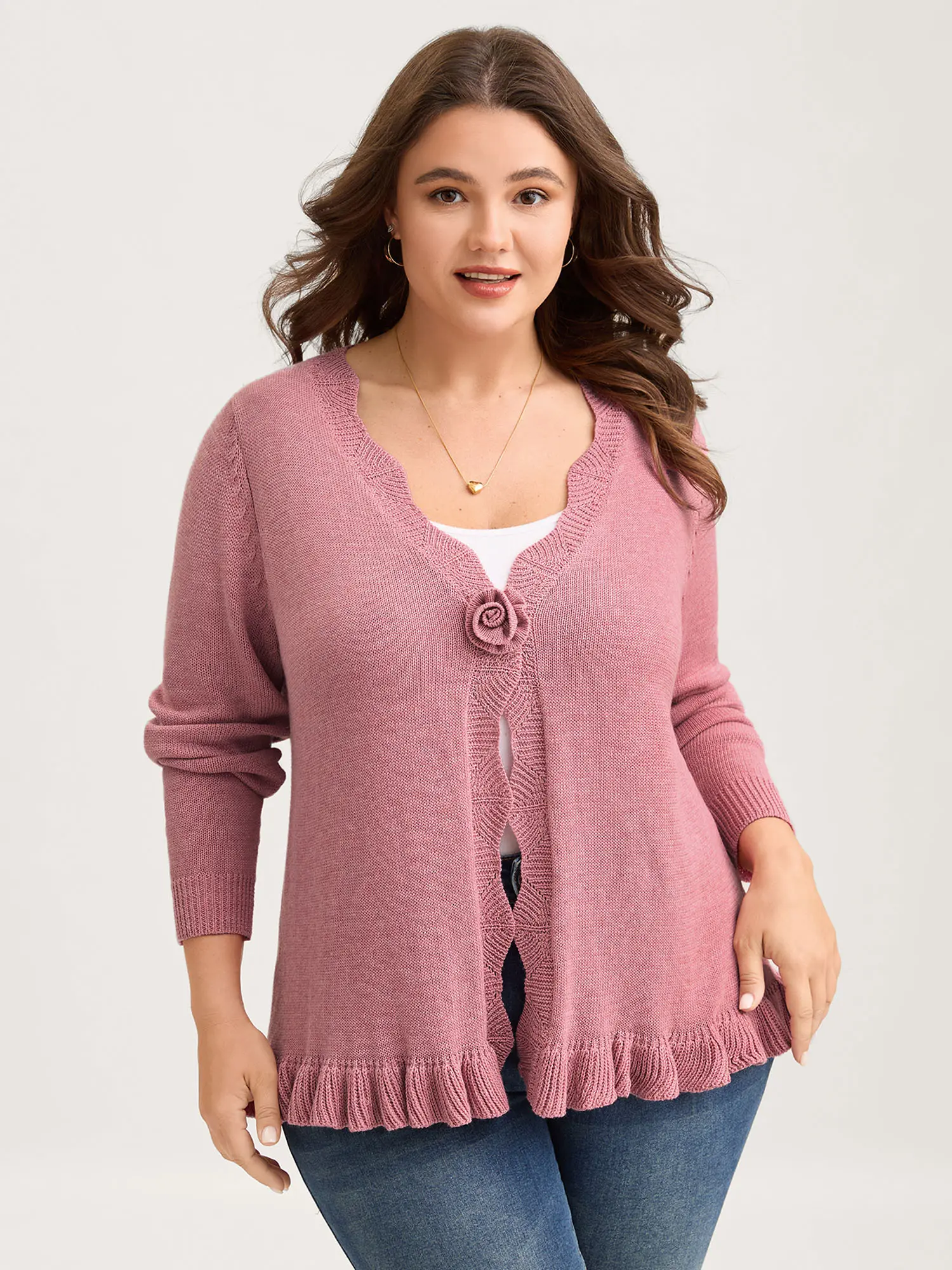 BloomChic Women's Loose Fit V-Neck Knitting Cardigan - Butter Soft Lightweight Long Sleeve Tops with Ruffled Hem, Floral Buttons, Nylon Fabric, Low Iron, Casual Wear, Knitwear, Lightweight Knit Sweater, Plus Sizes, Regular Sleeve