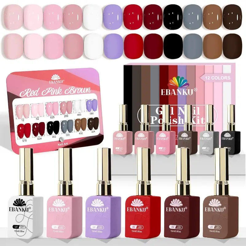 EBANKU 12-Pcs Christmas Gel Nail Polish Set, 15ML Assorted Red Pink Nude Brown Fall Colors, Soak-Off Kit for Art Manicure, Nail Care Gifts for Women