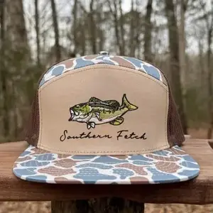 [BUY 1 GET 2] Largemouth Bass 7 Panel Brackish/White Bottomland Mossy Oak Camo Snapback, Embroidered Hat, Cotton Mesh Back