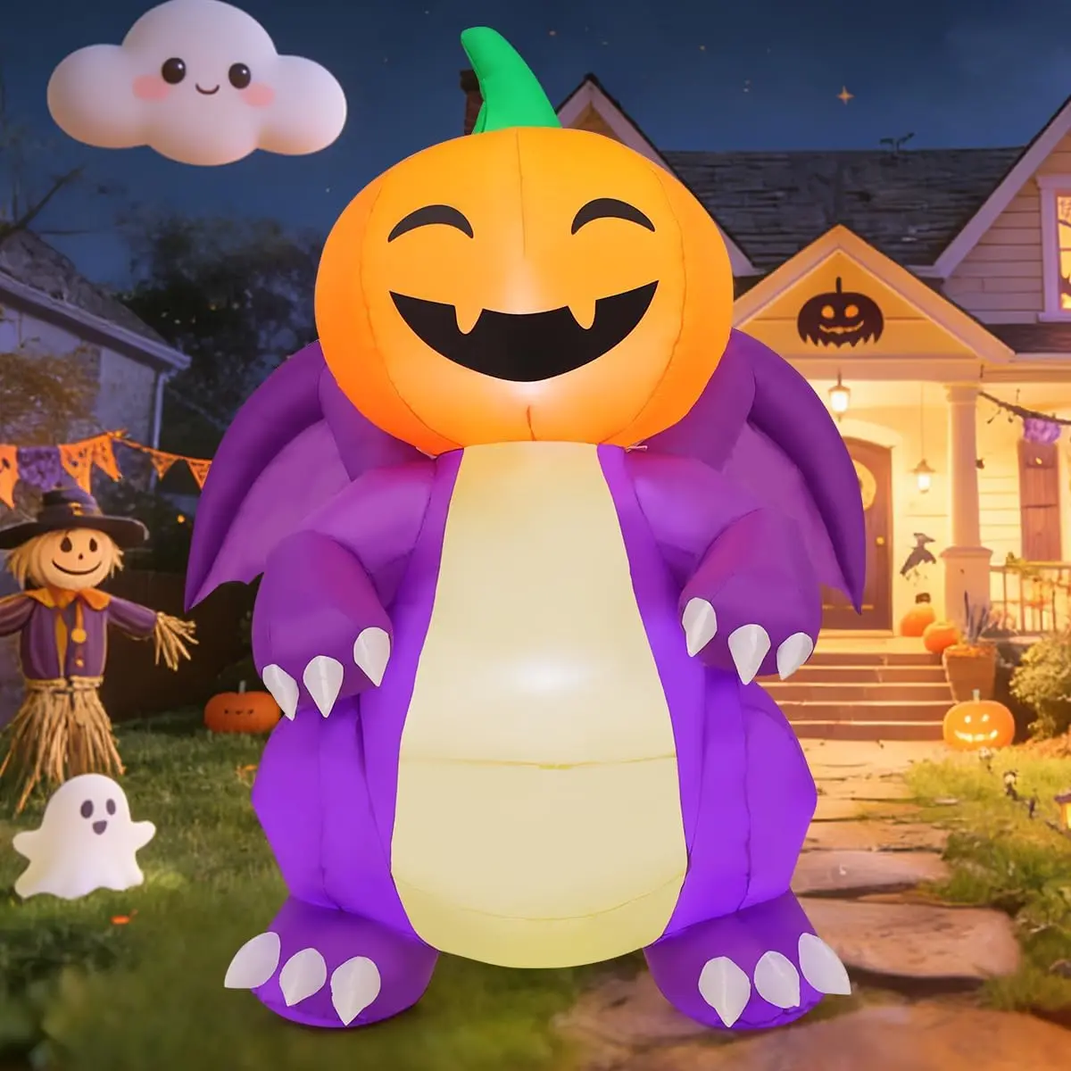 5.9ft Spooky Halloween Inflatable Purple Dinosaur Decoration - Pumpkin Head, Built-in LEDs, Blow Up Ornament for Porch, Lawn
