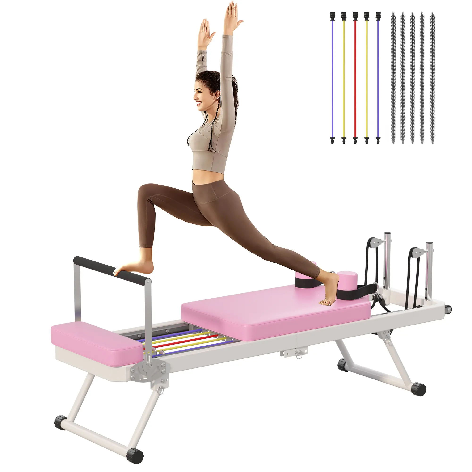 Nicole Selection Pilates Reformer, 330.5lbs Capacity, Elastic Cords, Eco-Leather, Foldable. Note: Upgraded version does NOT include colored springs. Gift for Yoga Workout.