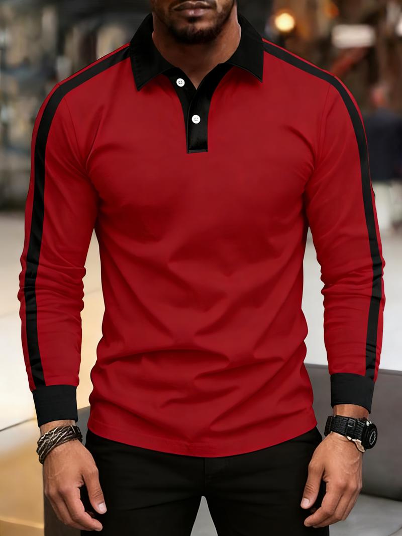 2026 Men's slim-fit long-sleeve polo shirt, made from soft and comfortable fabric, featuring a red and black contrast double-button collar, color-blocked cuffs, and side stripe accents, perfect for everyday wear and casual styling.