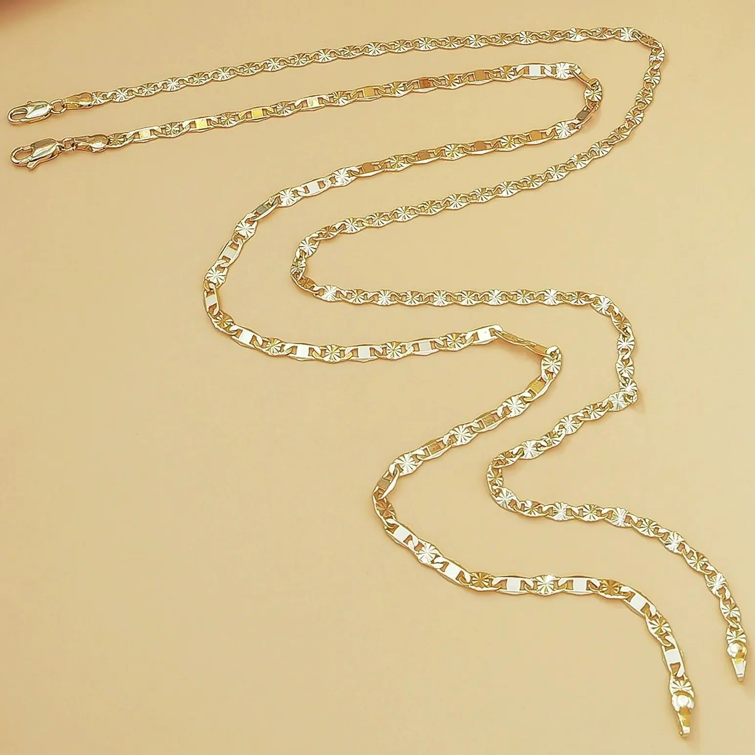 14K Gold & Silver Two-Tone Sunburst Engraved Flat Link Chain Necklace, Dainty Carved Star Cut Thin Layering Chain for Women, Tarnish Resistant Stainless Steel Jewelry