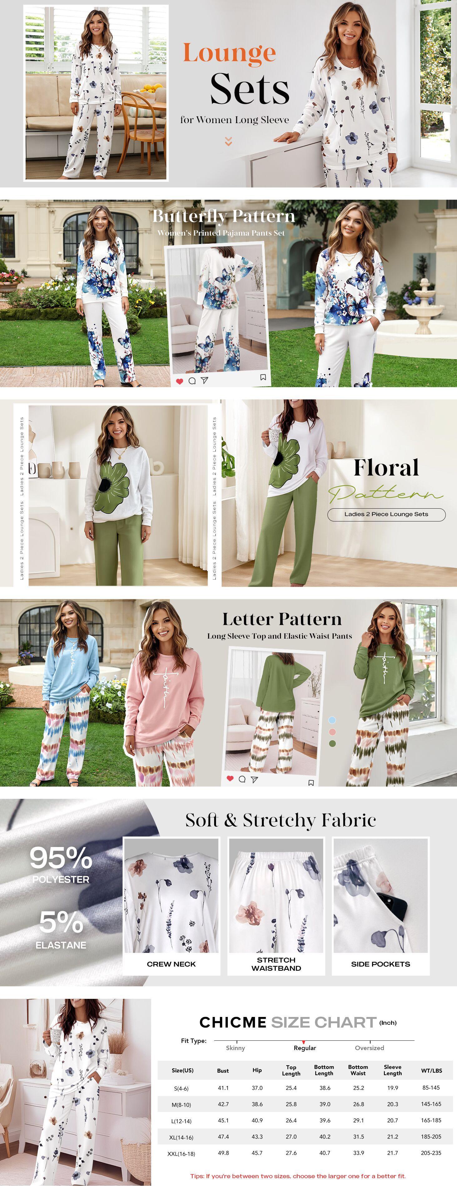 ChicMe Women's Floral Print 2 Piece Matching Set Long Sleeve Round Neck Top & Casual Pants with Pockets Comfortable Womenswear