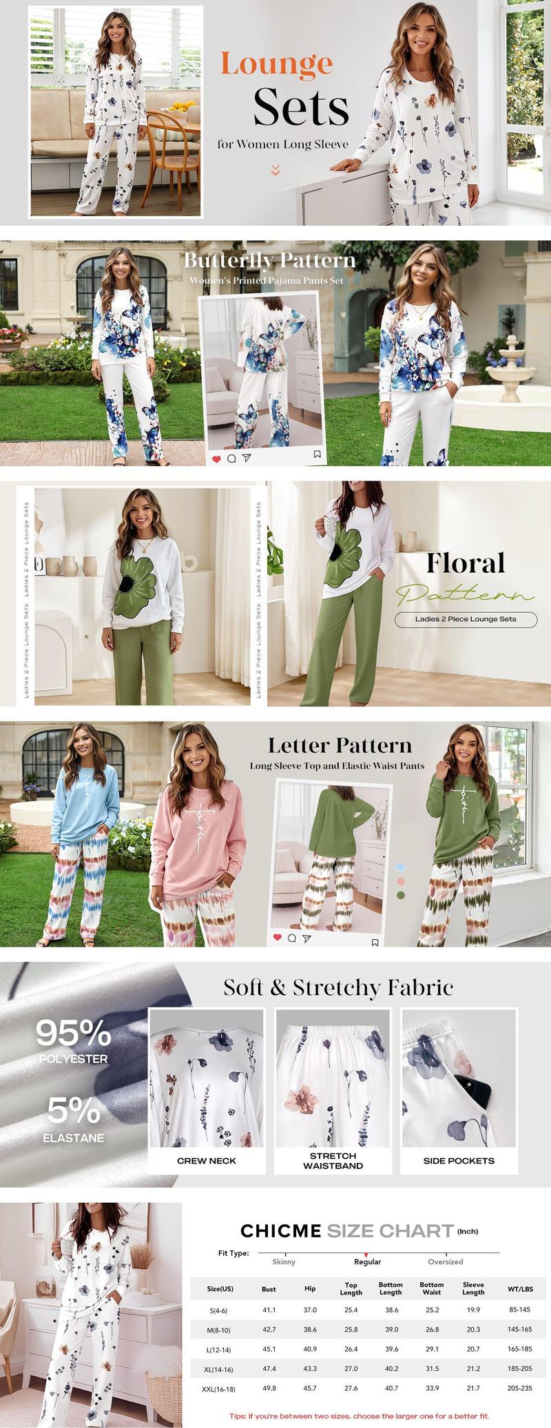 ChicMe Women's Floral Print 2 Piece Matching Set Long Sleeve Round Neck Top & Casual Pants with Pockets Comfortable Womenswear