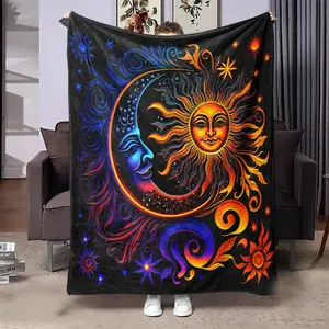 Sun Moon Pattern Soft Blanket 1 Count Colorful Lightweight Throw Blanket for Air-conditioned Room Warm Nap Home Office Travel Camping Super Soft Fluffy Cozy Blankets with Unique Design