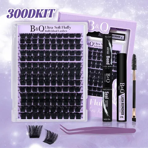 【Exclusive】B&Q Evil Lash DIY Cluster Cosmetic False Eyelashes Set - 300D Kit, 200D D-Curl, Dramatic, Ultra-Soft Thick Volume Individual, Waterproof Long-Lasting Salon-Grade Eyelash Extension for Adults