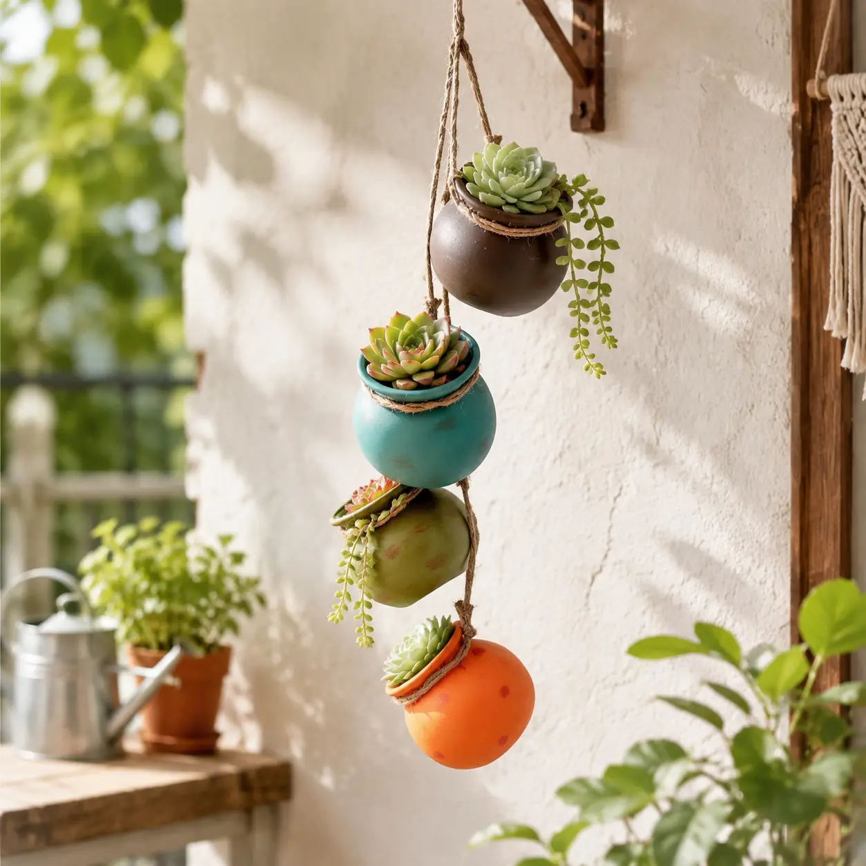 Dangling Southwest Desert Color Ceramic 4 Pot Set, Wall or Ceiling Mount Hanging Mini Flower Planters