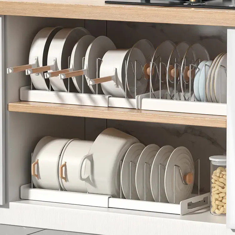 Pot Lids Organizer Rack for Cabinet and Countertop, 7+ Pan Lids and Bakeware Organizer Rack Holder with 7 Adjustable Compartments,Kitchen Storage, Pot Lid Storage - White,Grey，Black Friday，Christmas Gift