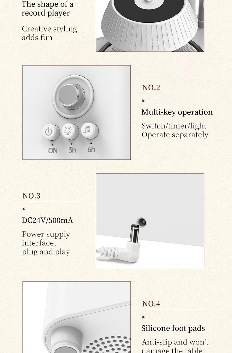 Phonograph-style aroma diffuser and humidifier with white noise and Bluetooth music, includes essential oils, features multiple natural sounds, automatic shut-off when water runs out, and ultrasonic raindrop rotation. A high-end white aroma diffuser gift.